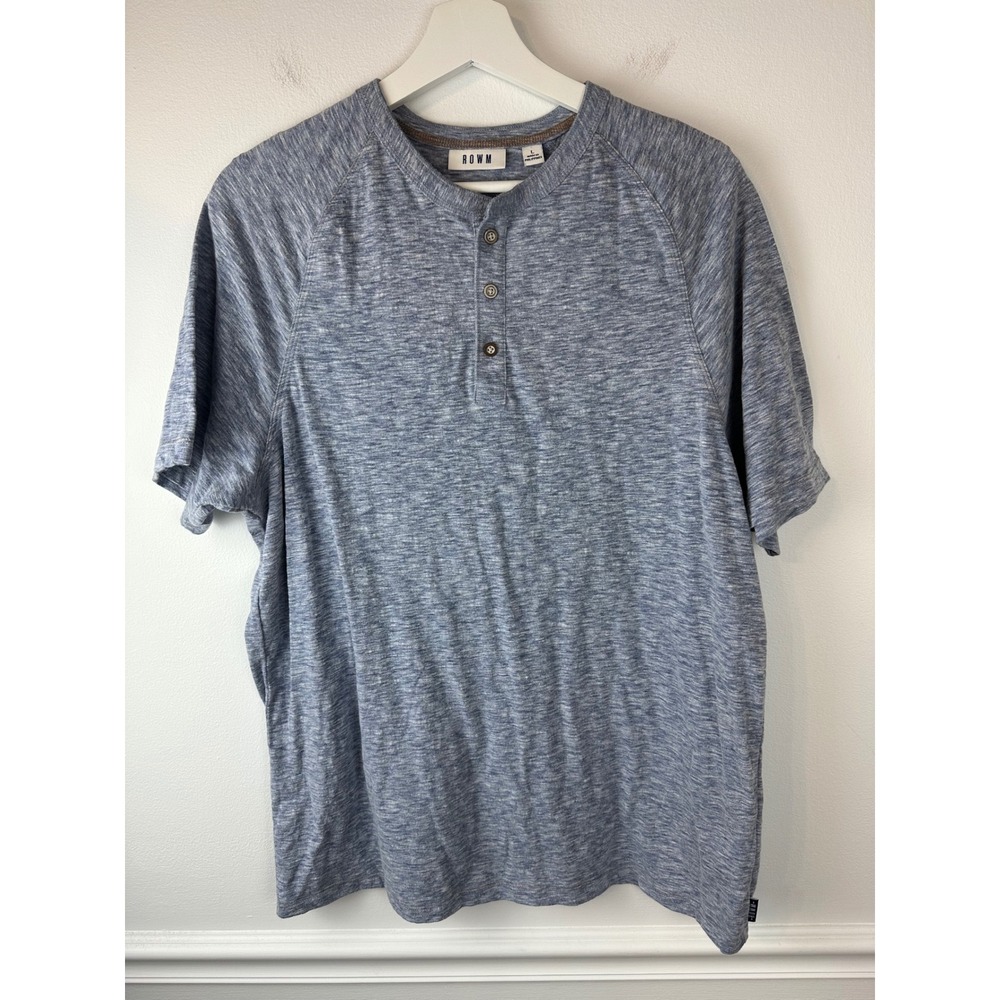 ROWM Men's Heather Blue Marled Short-Sleeve Henley Shirt 3 Button Tee Large